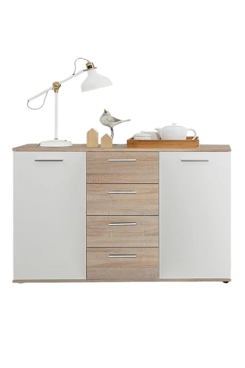 Madia Jacky con 2 ante e 3 cassetti in rovere sonoma e bianco. Mobile moderno e funzionale per soggiorno, ingresso o sala da pranzo.