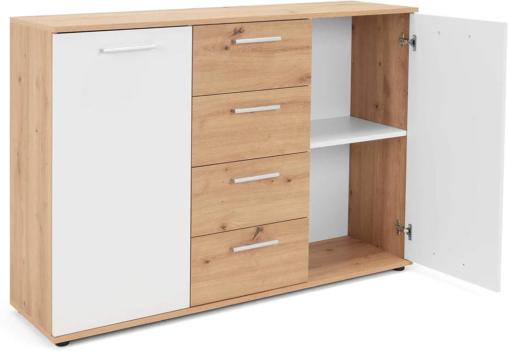 Madia Jacky con 2 ante e 3 cassetti in rovere sonoma e bianco. Mobile moderno e funzionale per soggiorno, ingresso o sala da pranzo.