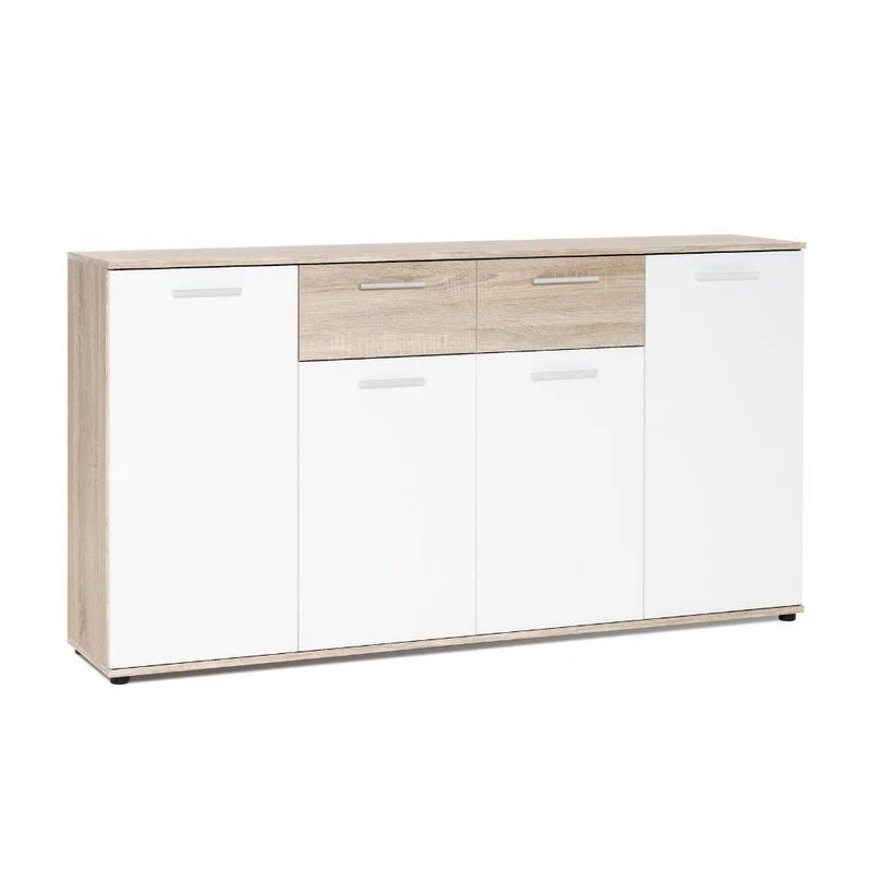 Madia moderna Jacky3 con 4 ante e 2 cassetti in bianco e rovere, ideale per soggiorno, ingresso, camera o ufficio. Mobile contenitore multiuso 160 cm.