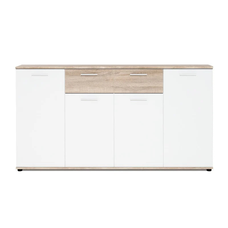 Madia moderna Jacky3 con 4 ante e 2 cassetti in bianco e rovere, ideale per soggiorno, ingresso, camera o ufficio. Mobile contenitore multiuso 160 cm.