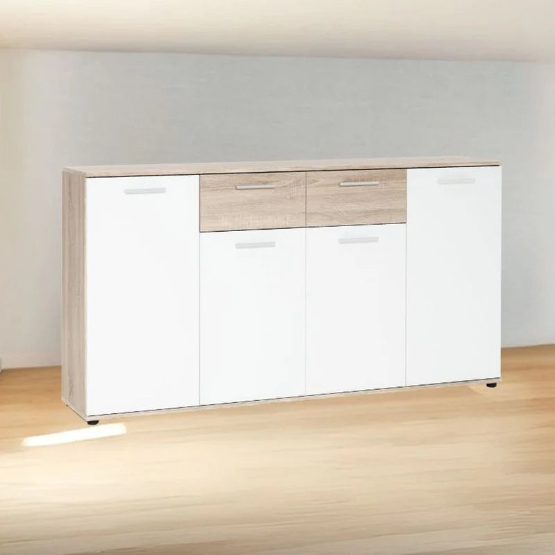 Madia moderna Jacky3 con 4 ante e 2 cassetti in bianco e rovere, ideale per soggiorno, ingresso, camera o ufficio. Mobile contenitore multiuso 160 cm.