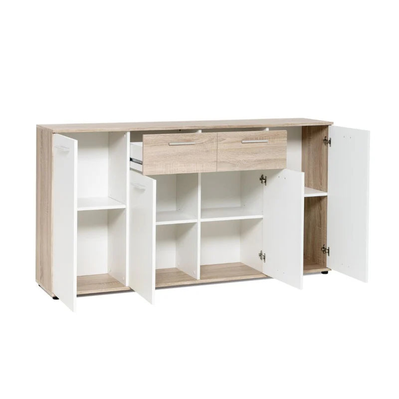 Madia moderna Jacky3 con 4 ante e 2 cassetti in bianco e rovere, ideale per soggiorno, ingresso, camera o ufficio. Mobile contenitore multiuso 160 cm.