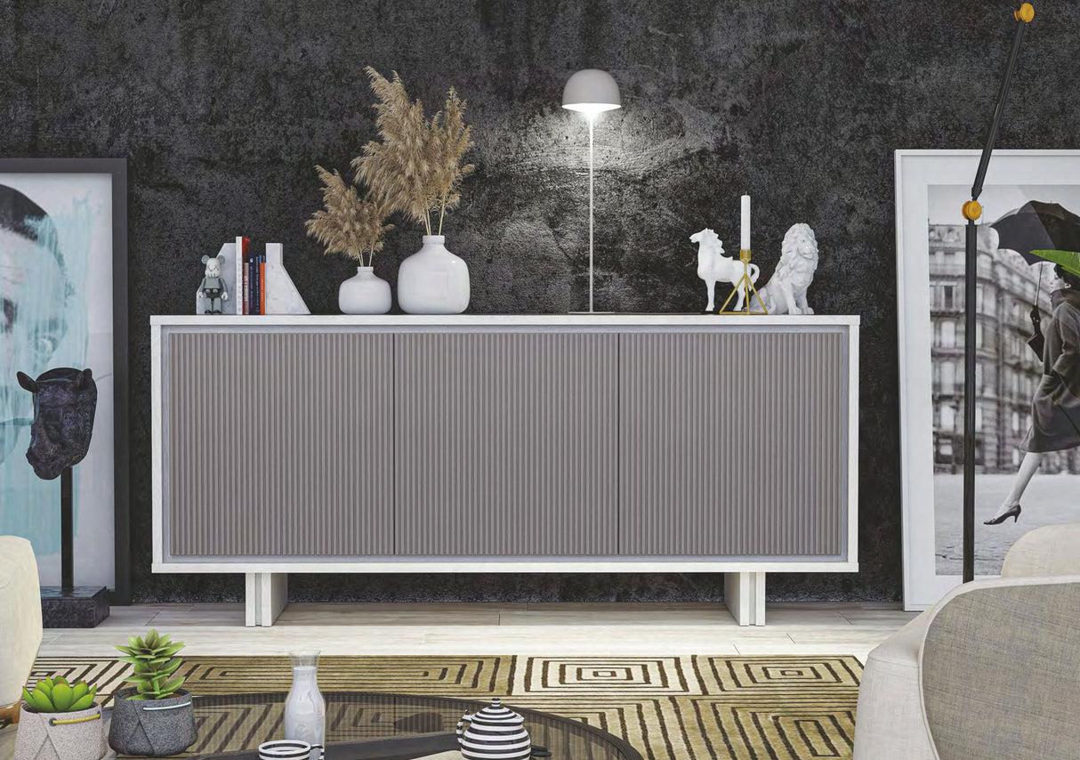 Madia Joker Premobil in fango e visone con ante cannettate, credenza moderna da 189 cm per soggiorno elegante e raffinato.