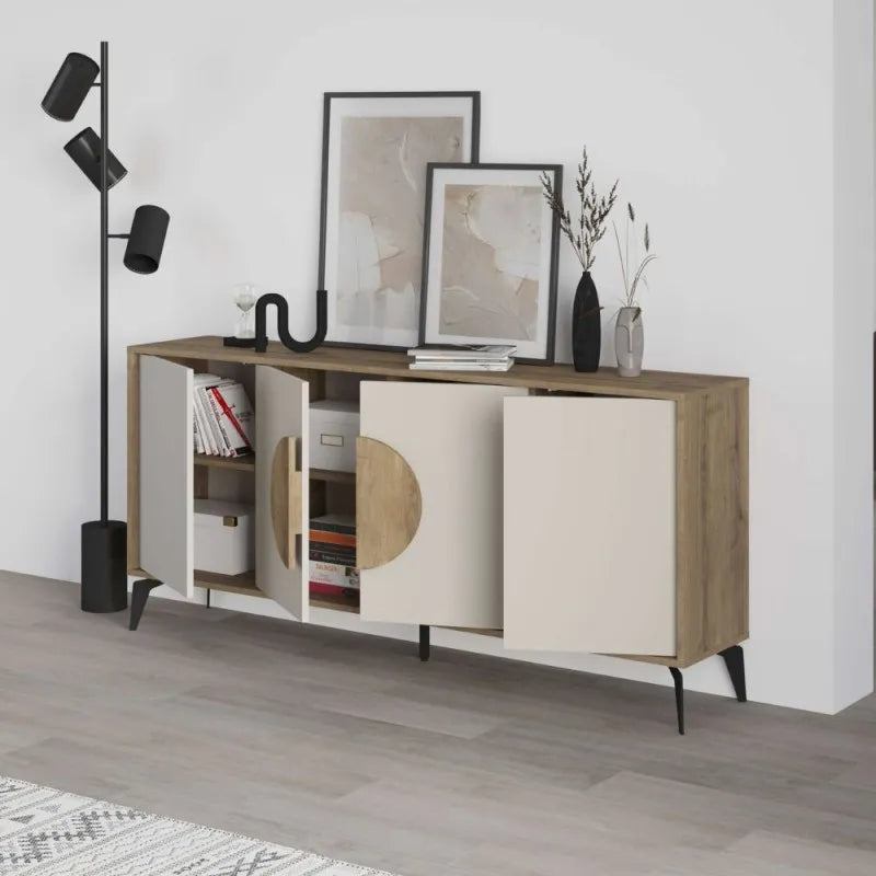 Madia moderna a 4 ante in finitura noce e cashmere con gambe in metallo nero