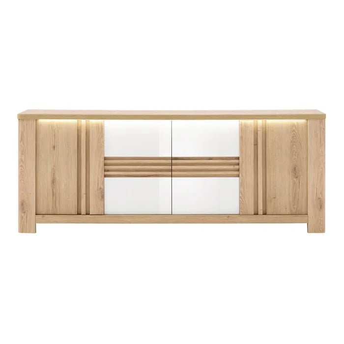 Madia Palazzo 4 ante con finitura Rovere Wellington e Bianco Laccato. Mobile contenitore elegante e moderno Made in Italy, perfetto per il soggiorno.