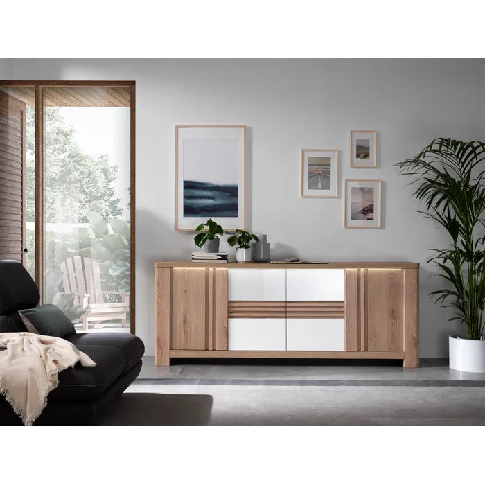 Madia Palazzo 4 ante con finitura Rovere Wellington e Bianco Laccato. Mobile contenitore elegante e moderno Made in Italy, perfetto per il soggiorno.