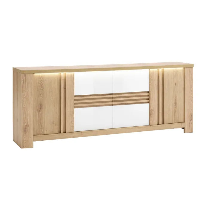 Madia Palazzo 4 ante con finitura Rovere Wellington e Bianco Laccato. Mobile contenitore elegante e moderno Made in Italy, perfetto per il soggiorno.