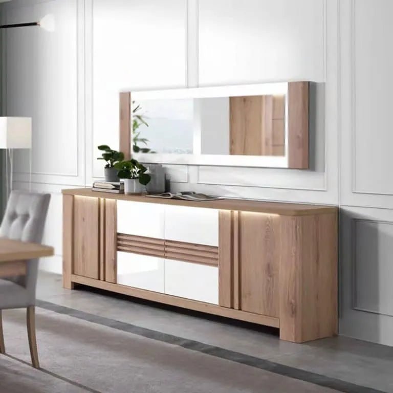 Madia Palazzo 4 ante con finitura Rovere Wellington e Bianco Laccato. Mobile contenitore elegante e moderno Made in Italy, perfetto per il soggiorno.