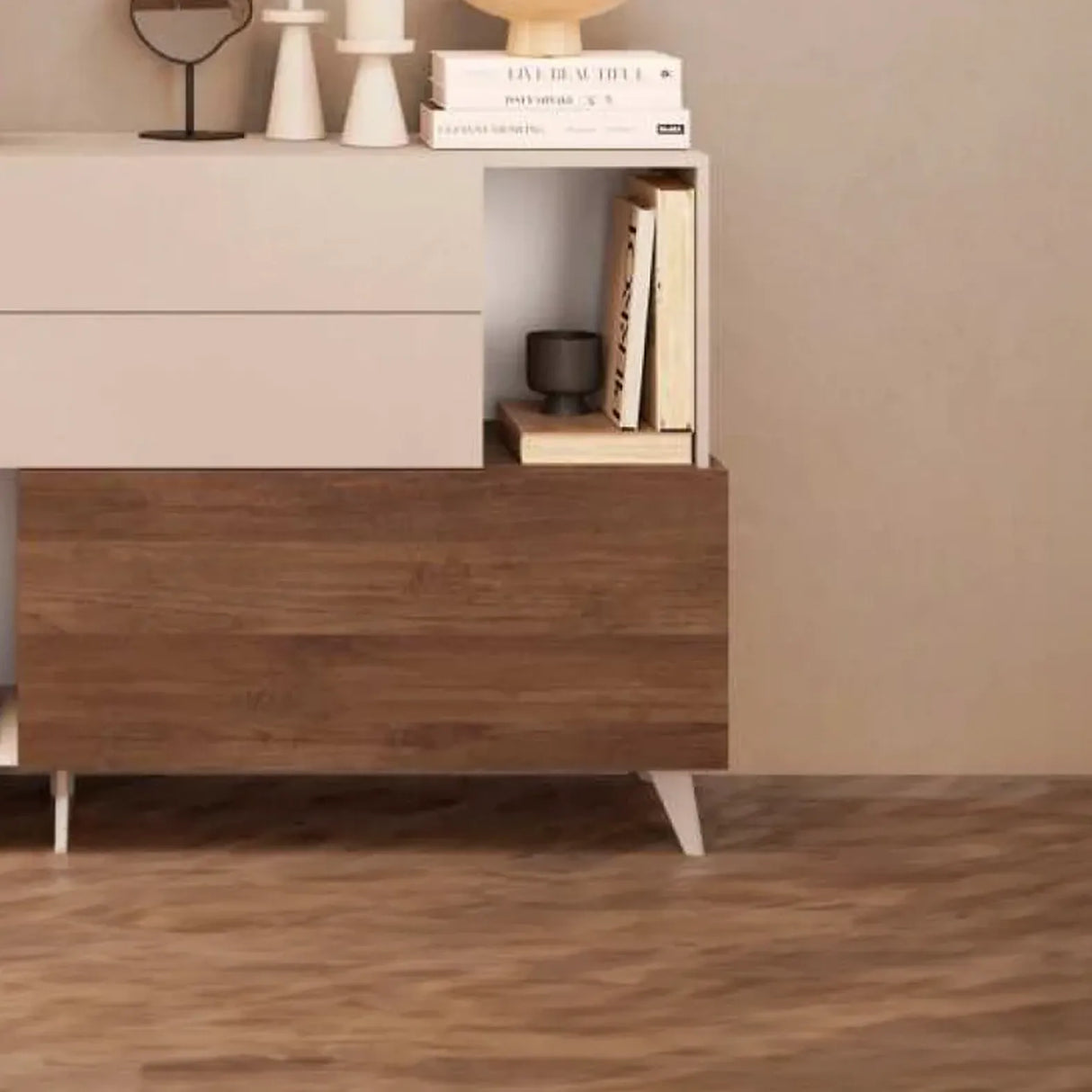 Madia Sara in finitura cachemire e mercure con vani aperti e ante.