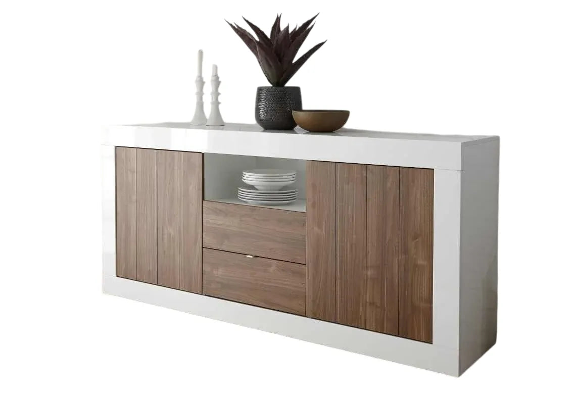 Madia Urbino in finitura bianco lucido e noce con 2 ante e 2 cassetti, mobile contenitore moderno per soggiorno, zona living o sala da pranzo.