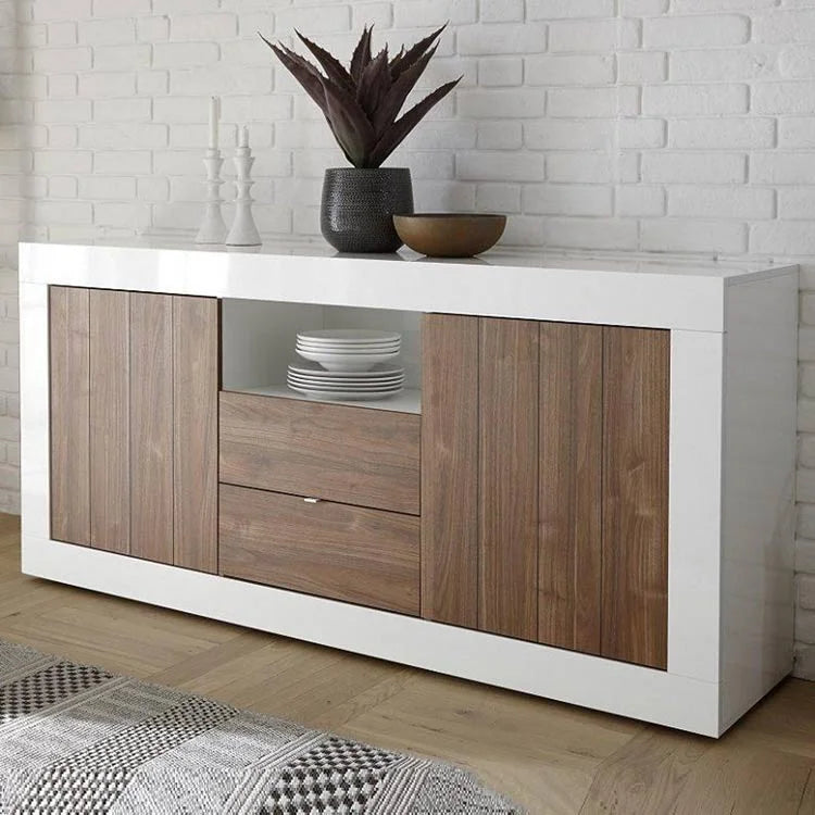 Madia Urbino in finitura bianco lucido e noce con 2 ante e 2 cassetti, mobile contenitore moderno per soggiorno, zona living o sala da pranzo