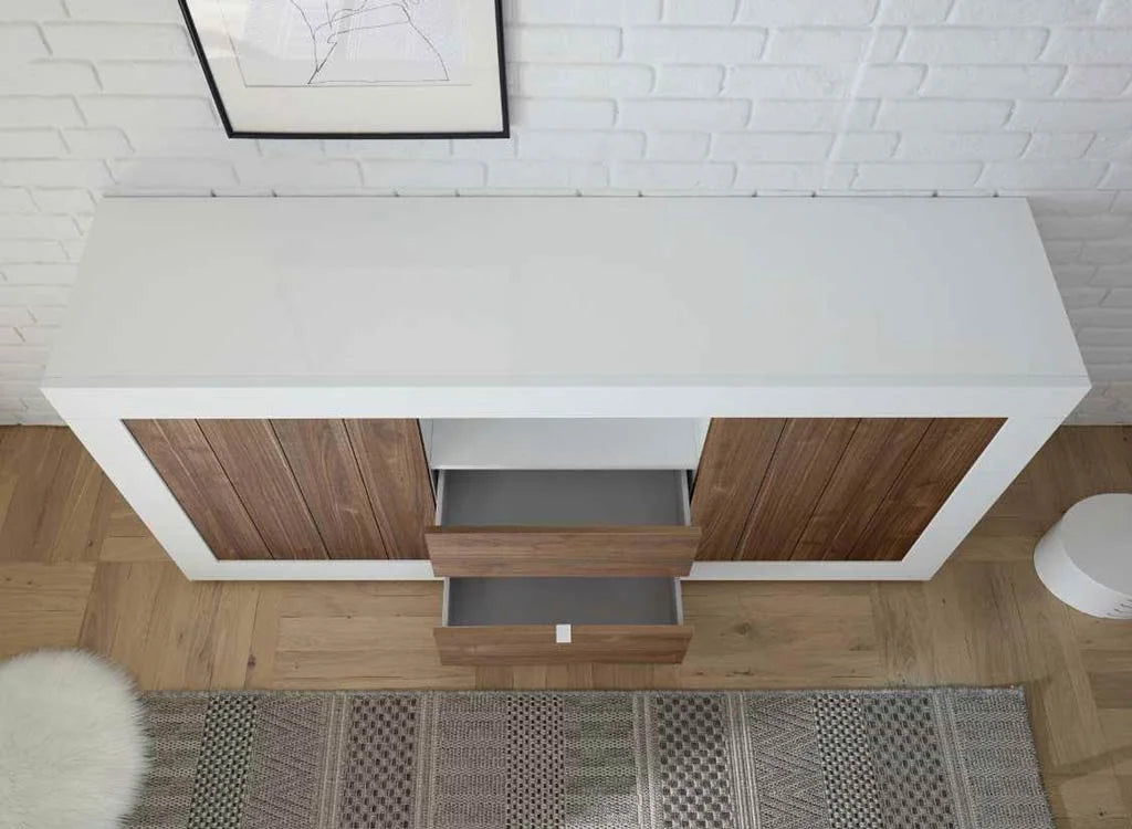 Madia Urbino in finitura bianco lucido e noce con 2 ante e 2 cassetti, mobile contenitore moderno per soggiorno, zona living o sala da pranzo