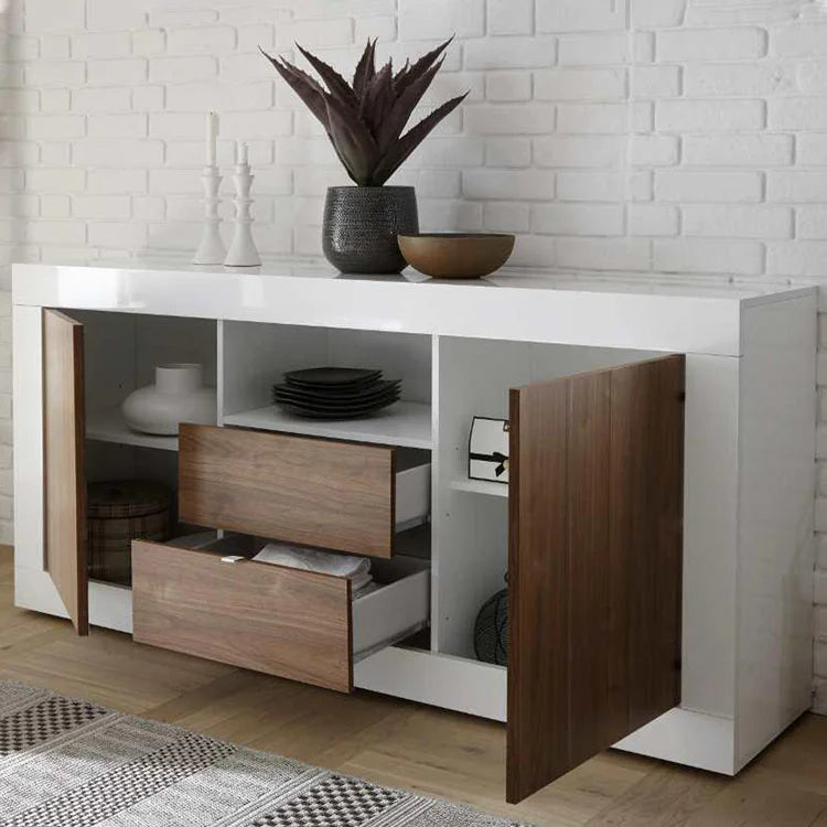 Madia Urbino in finitura bianco lucido e noce con 2 ante e 2 cassetti, mobile contenitore moderno per soggiorno, zona living o sala da pranzo.