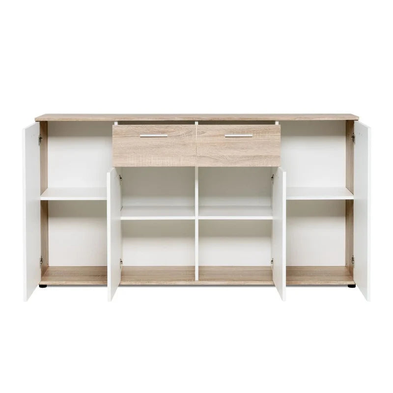 Madia moderna Jacky3 con 4 ante e 2 cassetti in bianco e rovere, ideale per soggiorno, ingresso, camera o ufficio. Mobile contenitore multiuso 160 cm.