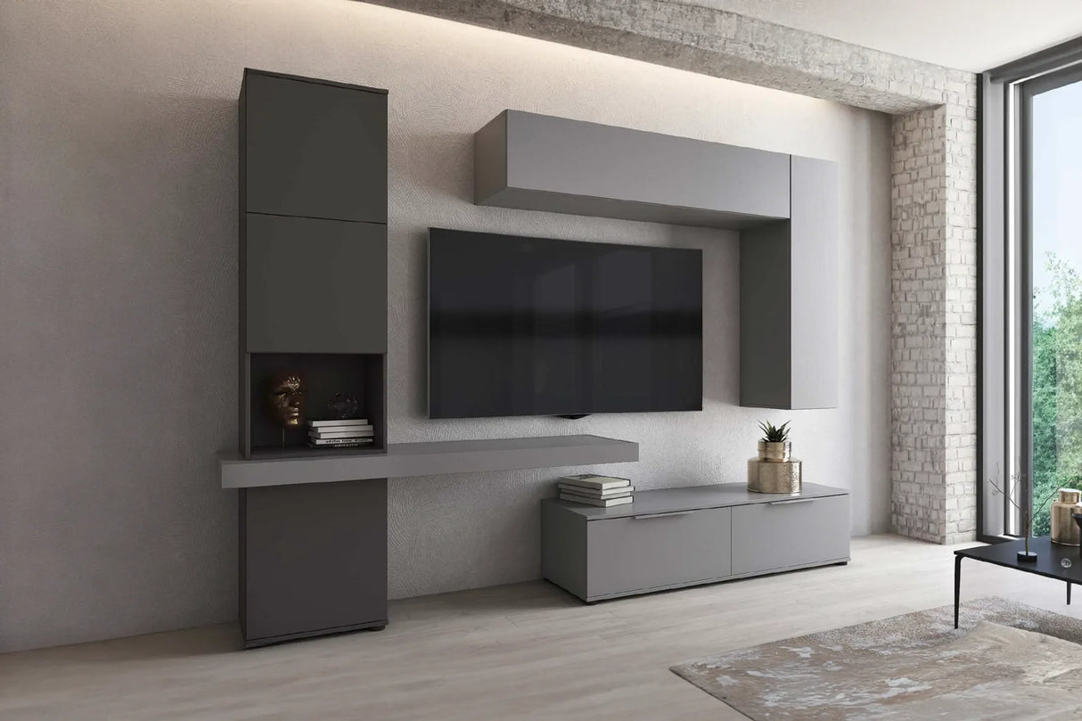 Parete attrezzata Adele finitura grafite e frassino grey con base porta TV e pensili.