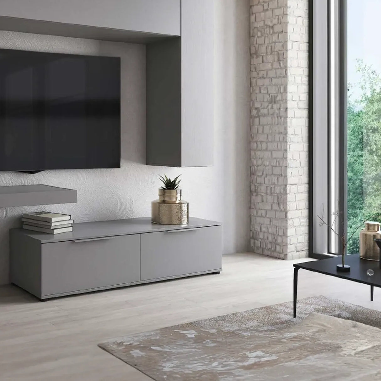 Parete attrezzata Adele finitura grafite e frassino grey con base porta TV e pensili.