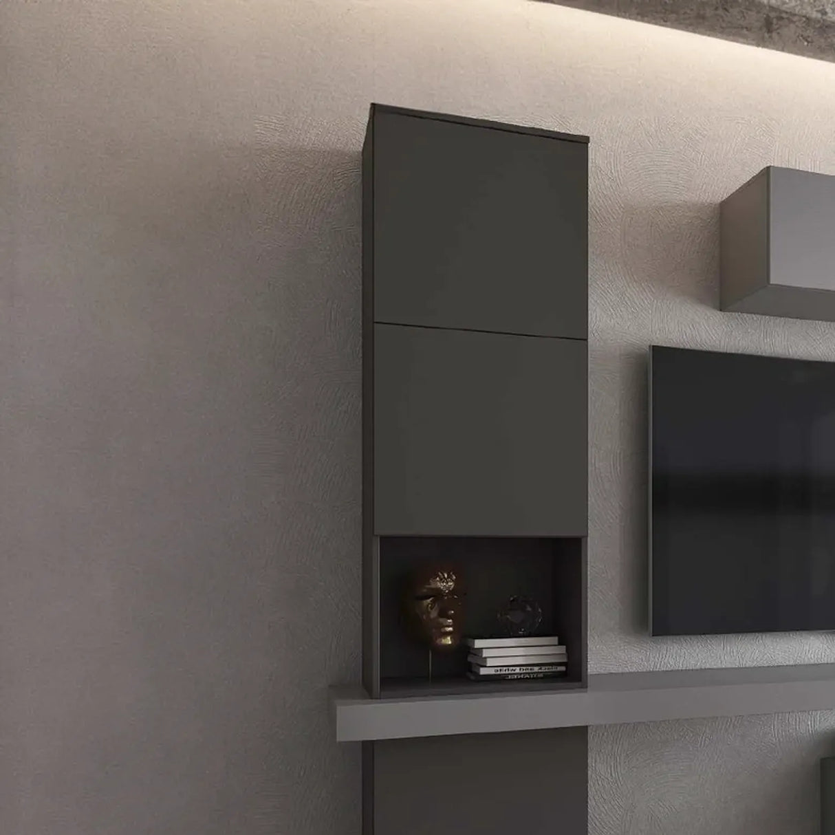 Parete attrezzata Adele finitura grafite e frassino grey con base porta TV e pensili.