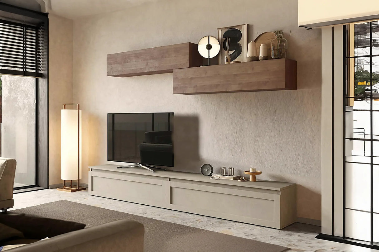 Parete attrezzata Clelia finitura Argilla e Mercure con pensili e base porta TV.