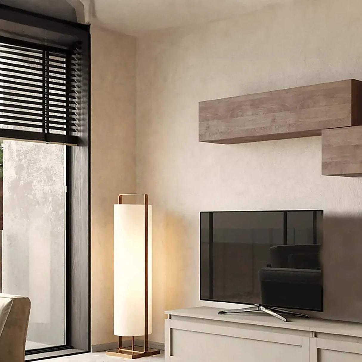 Parete attrezzata Clelia finitura Argilla e Mercure con pensili e base porta TV.