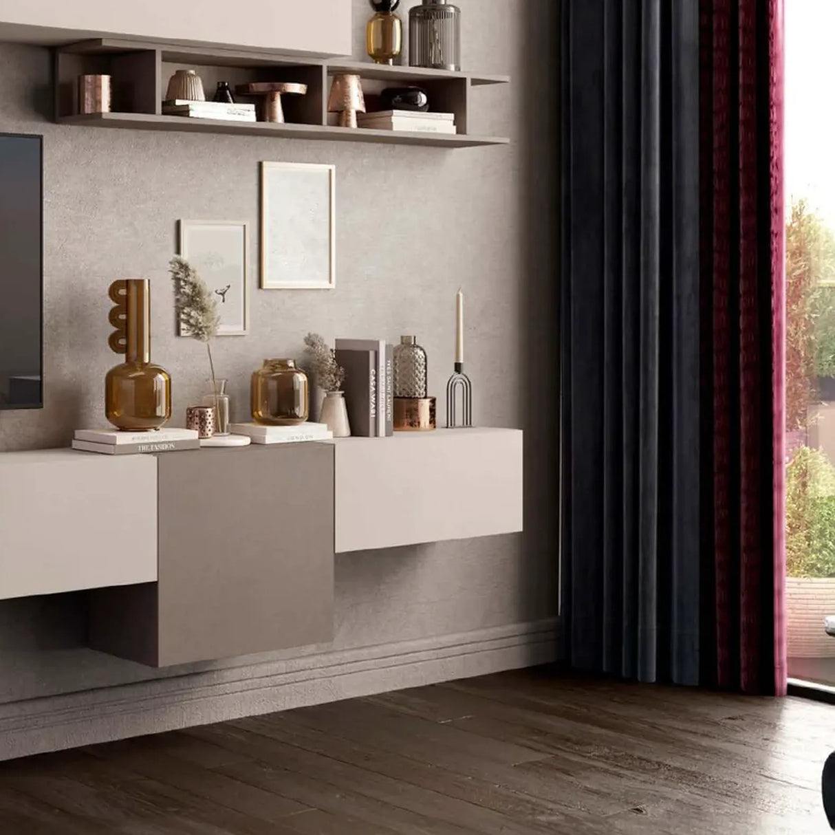 Parete attrezzata Lea finitura bronzo e cachemire con pensili e base porta TV.