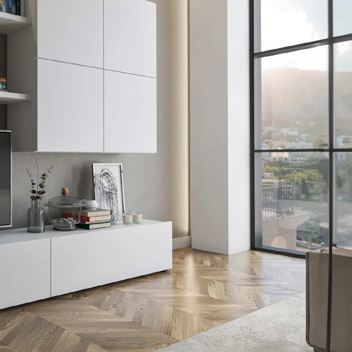 Parete attrezzata Morena finitura bianco frassino con base porta TV, pensili e mensole.