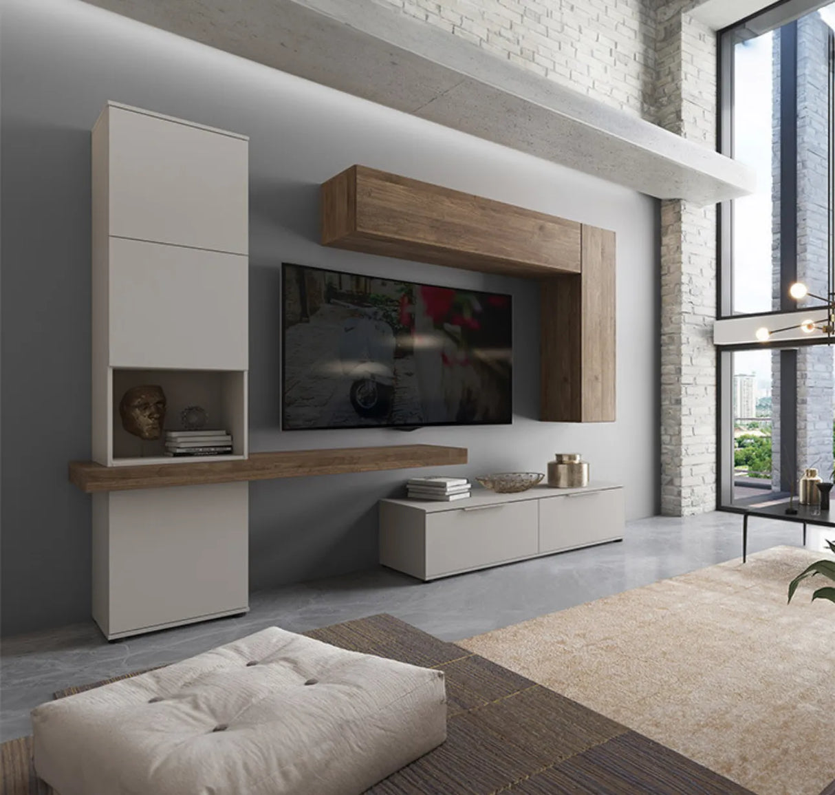 Parete attrezzata Sandy per soggiorno, con finitura bianco lucido e legno naturale. Mobile TV moderno con mensole, colonna e vani contenitori.