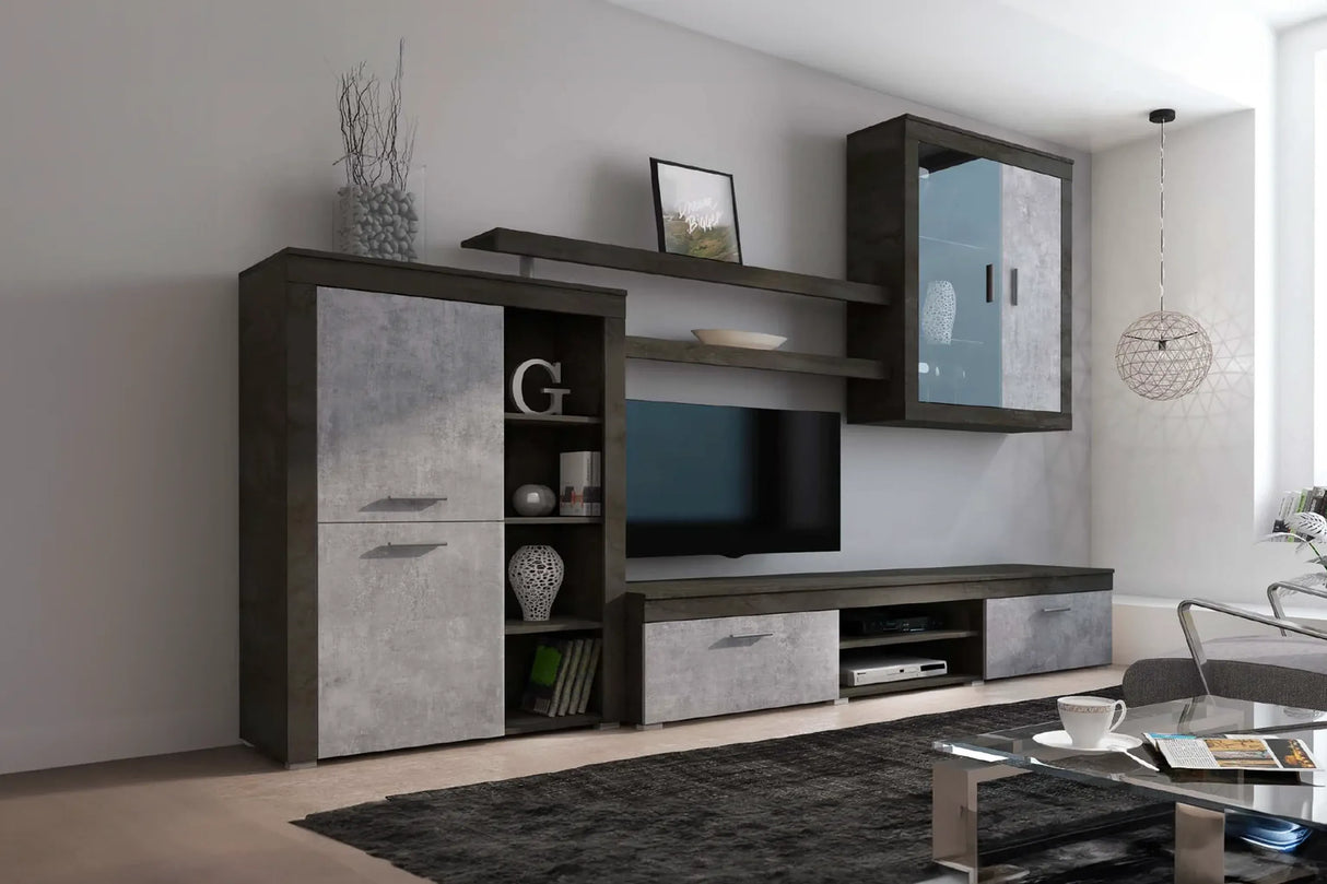 Parete attrezzata Veronica finitura ossido e cemento con base porta TV, pensili e colonna laterale