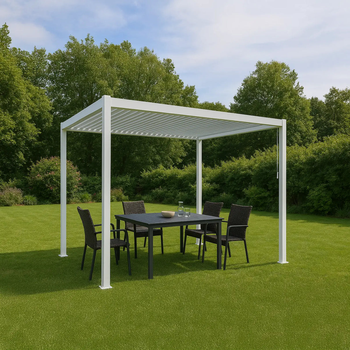 Pergola bioclimatica bianca 3x3,6 m con lamelle orientabili e struttura in alluminio