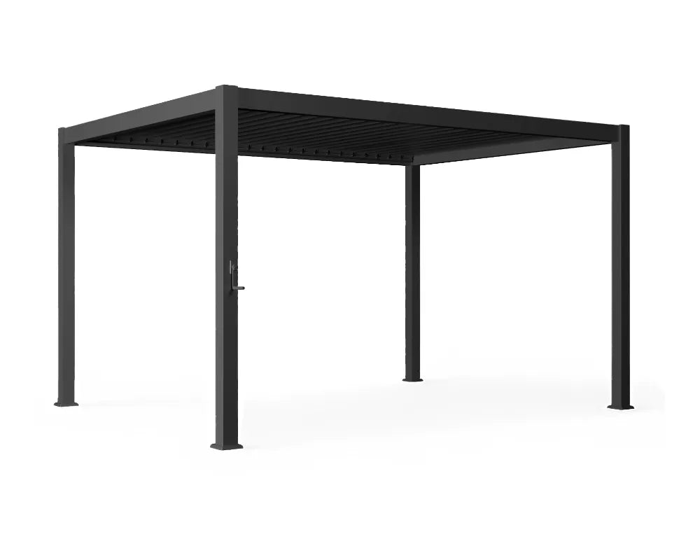 Pergola bioclimatica SKY 3x4 m in metallo grigio con lamelle orientabili e struttura in alluminio, ideale per giardini e terrazze moderne.