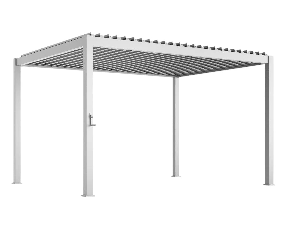 Pergola bioclimatica SKY 3x4 m in metallo grigio con lamelle orientabili e struttura in alluminio, ideale per giardini e terrazze moderne.