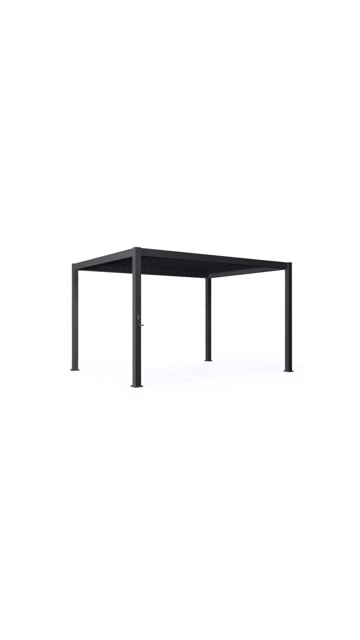 Pergola bioclimatica SKY 3x4 m in metallo grigio con lamelle orientabili e struttura in alluminio, ideale per giardini e terrazze moderne.