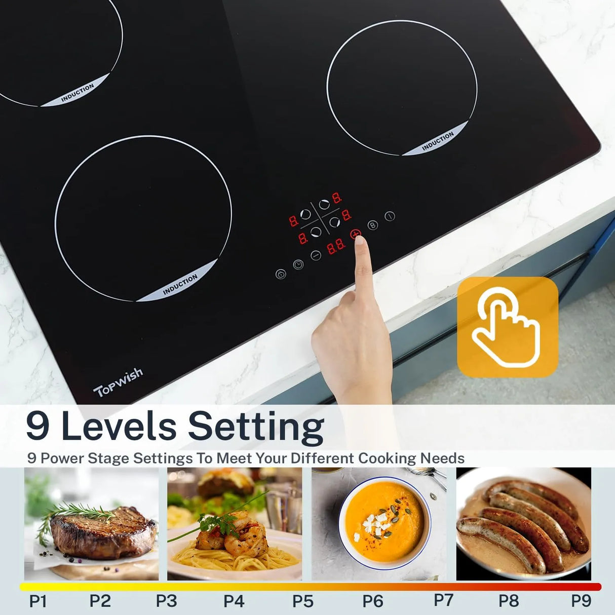 Piano cottura a induzione Topwish 4 fuochi con controllo touch e funzione boost