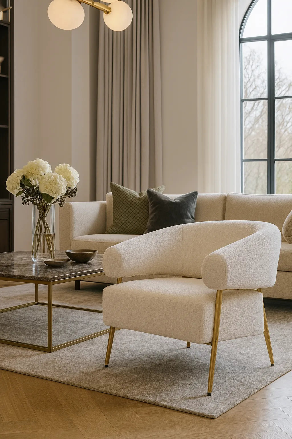 Poltrona Althea in tessuto bouclè beige con struttura in metallo dorato stile scandinavo