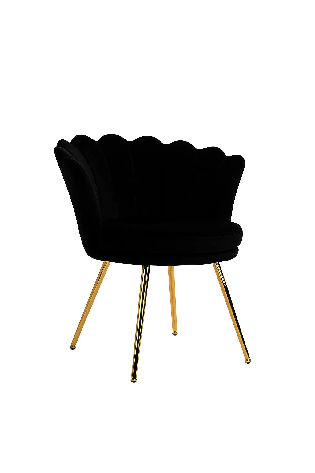 Poltrona con schienale a conchiglia in velluto nero e piedi oro lunghi, stile vintage elegante per salotto e camera.