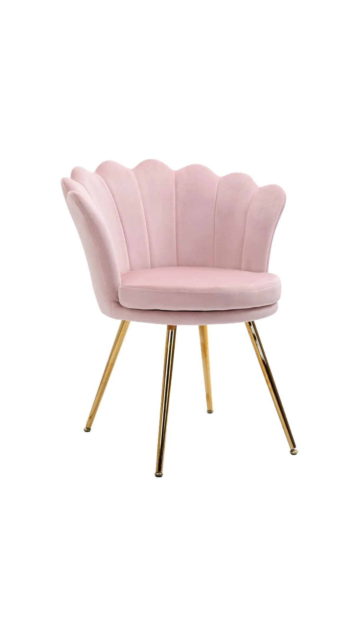 Poltrona con schienale a conchiglia in velluto rosa e piedi oro lunghi, stile vintage elegante per salotto e camera.