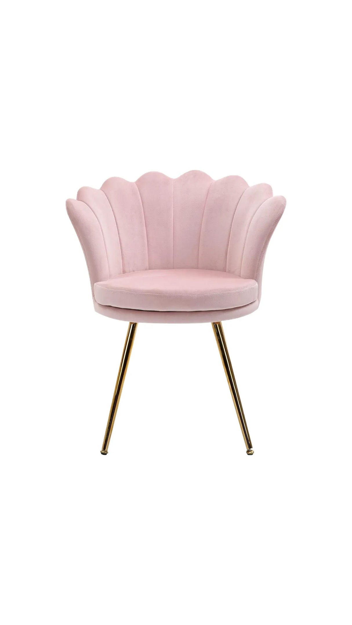 Poltrona con schienale a conchiglia in velluto rosa e piedi oro lunghi, stile vintage elegante per salotto e camera.