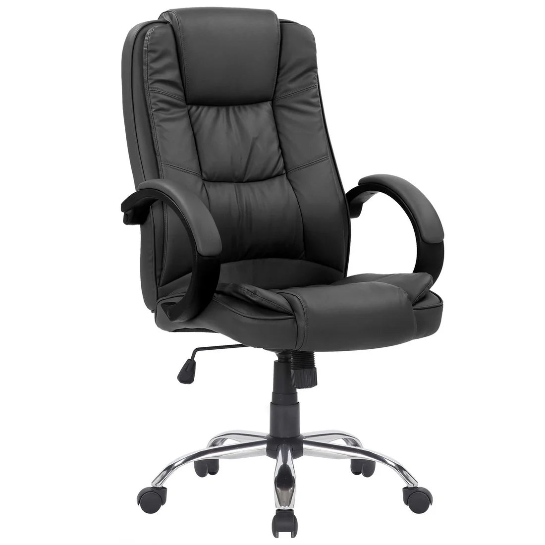 Poltrona direzionale ergonomica in ecopelle nero, con braccioli neri e base cromata per ufficio o studio.