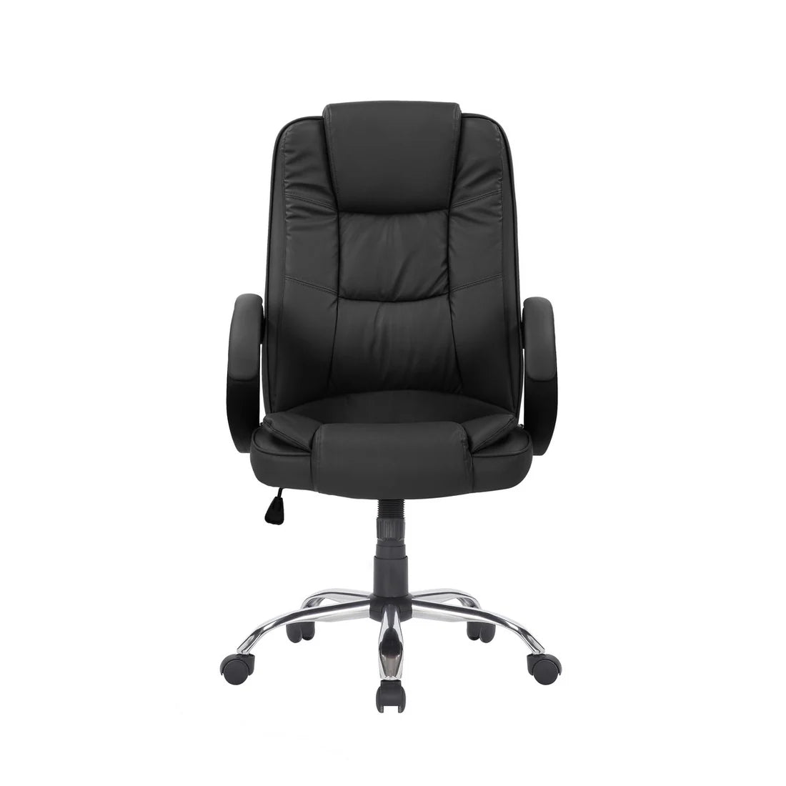 Poltrona direzionale ergonomica in ecopelle nero, con braccioli neri e base cromata per ufficio o studio.