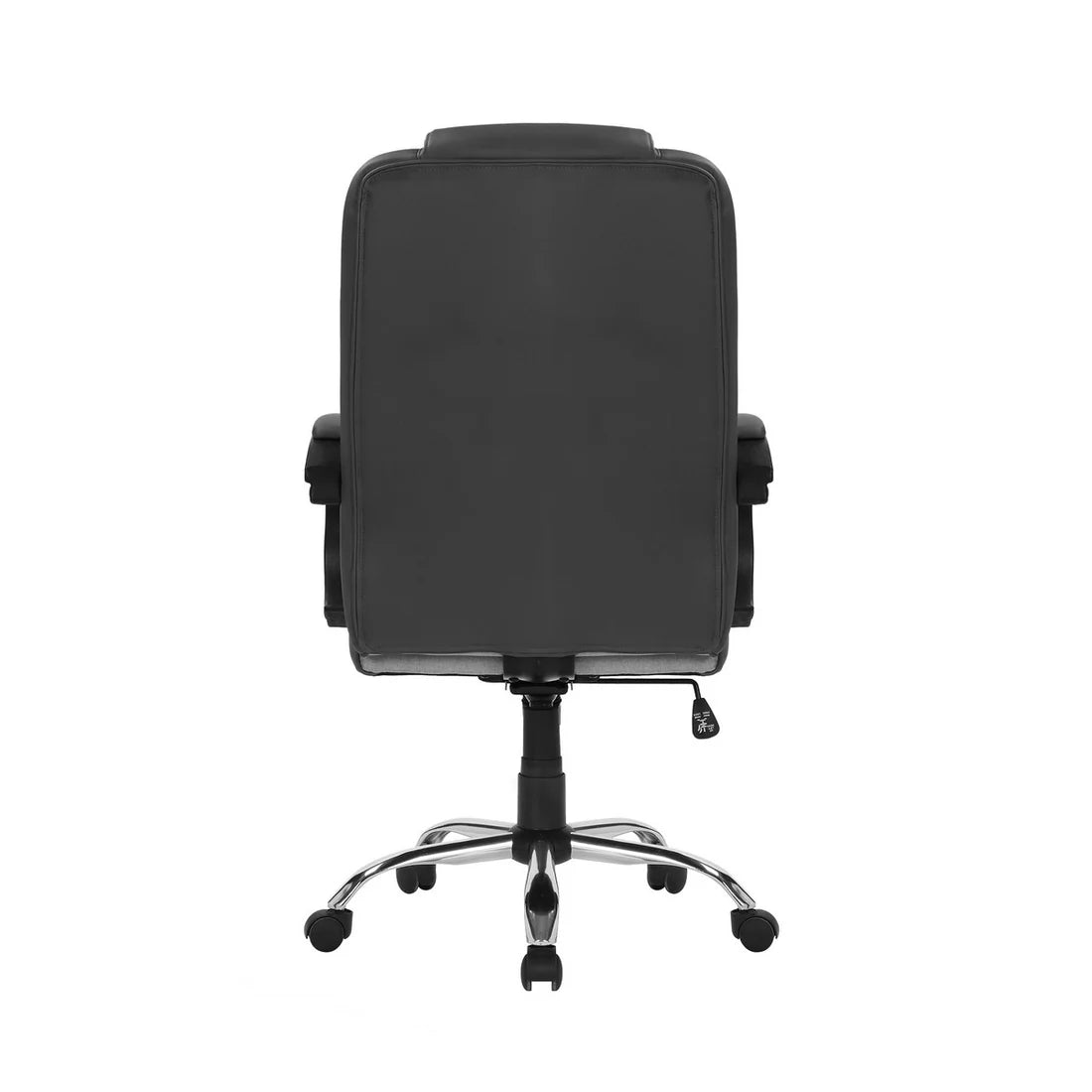 Poltrona direzionale ergonomica in ecopelle nero, con braccioli neri e base cromata per ufficio o studio.