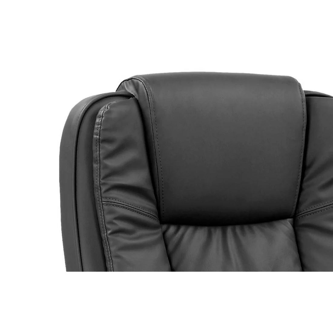 Poltrona direzionale ergonomica in ecopelle nero, con braccioli neri e base cromata per ufficio o studio.