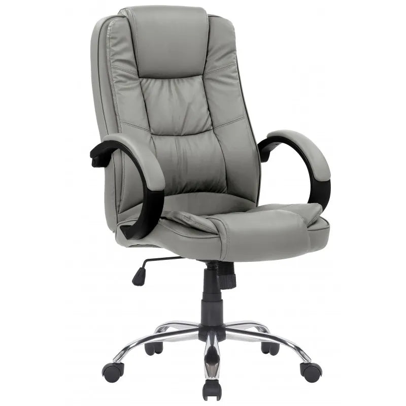 Poltrona direzionale ergonomica in ecopelle tortora, con braccioli neri e base cromata per ufficio o studio.