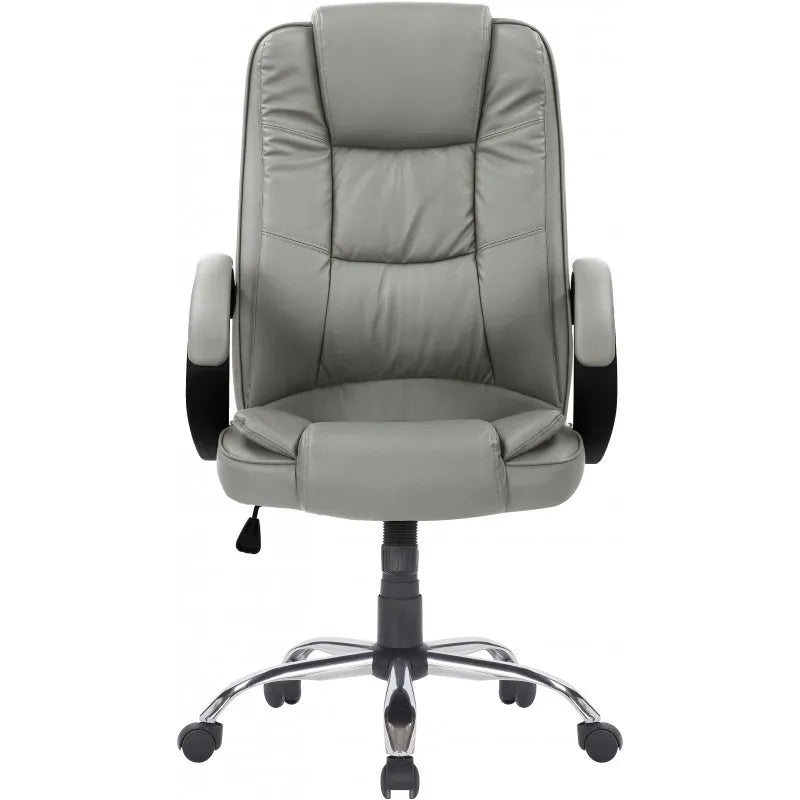 Poltrona direzionale ergonomica in ecopelle tortora, con braccioli neri e base cromata per ufficio o studio.