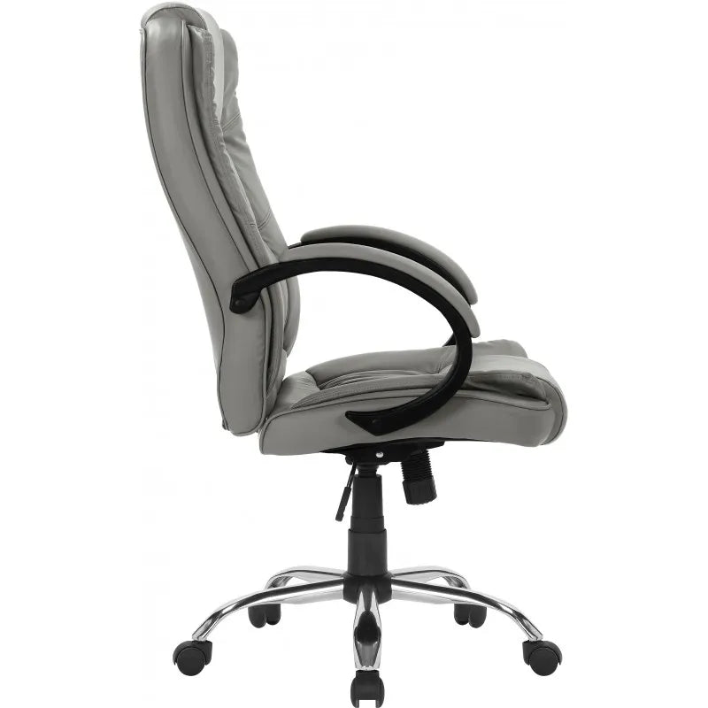 Poltrona direzionale ergonomica in ecopelle tortora, con braccioli neri e base cromata per ufficio o studio.