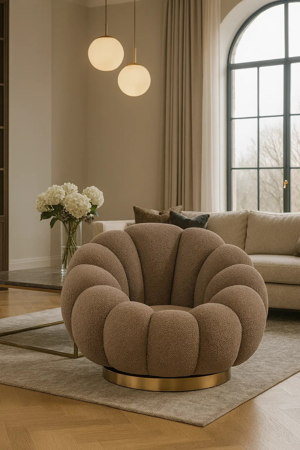 Poltrona Elodia girevole in tessuto bouclè tortora con base dorata stile scandinavo