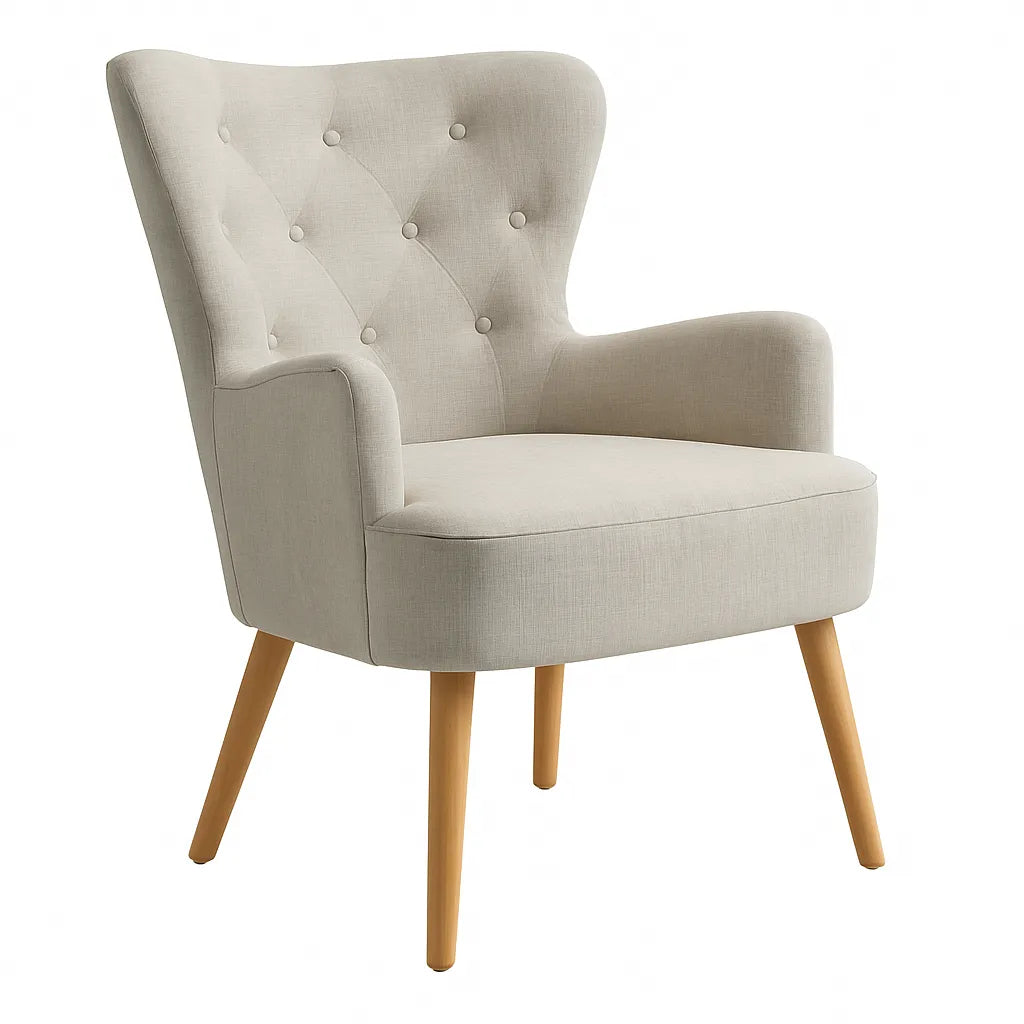 Poltrona Giulietta in tessuto Oxford antimacchia con schienale ergonomico trapuntato e piedini in legno, ideale per soggiorno, studio o camera da letto.