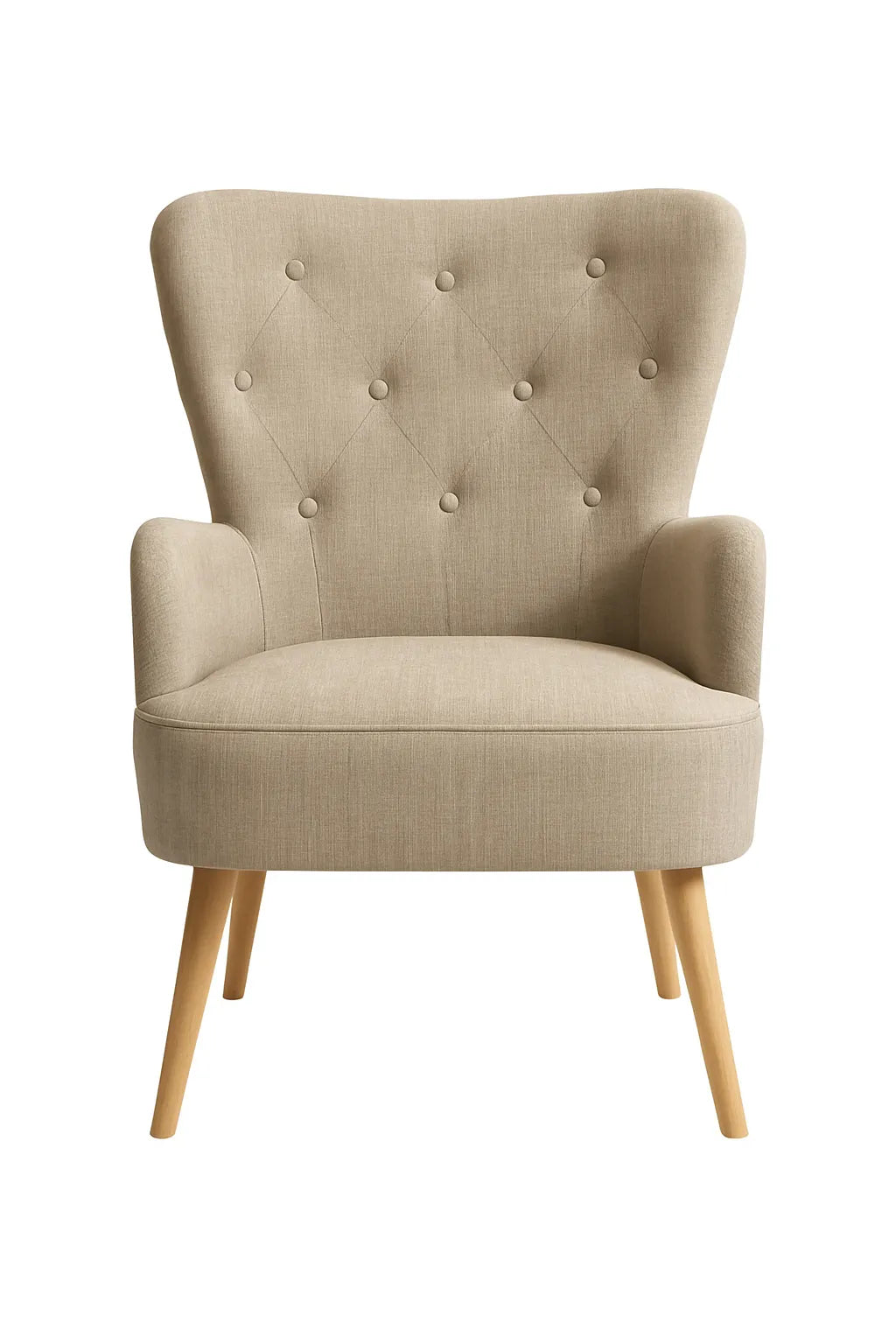 Poltrona Giulietta in tessuto Oxford antimacchia con schienale ergonomico trapuntato e piedini in legno, ideale per soggiorno, studio o camera da letto.