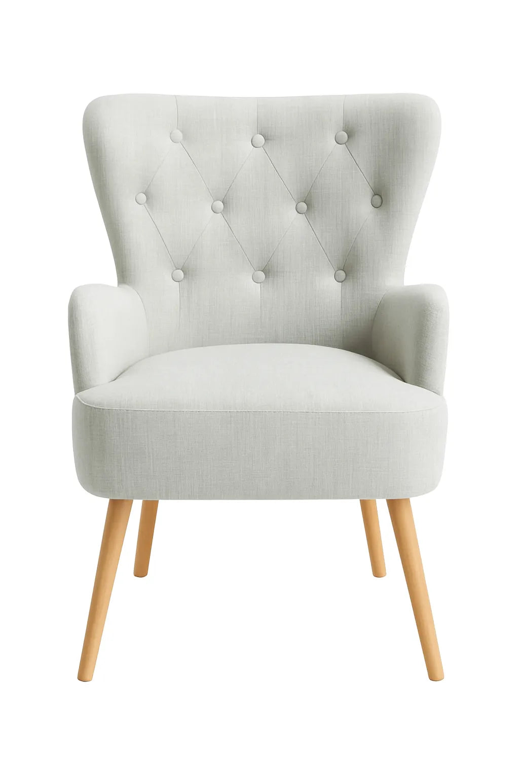 Poltrona Giulietta in tessuto Oxford antimacchia con schienale ergonomico trapuntato e piedini in legno, ideale per soggiorno, studio o camera da letto.