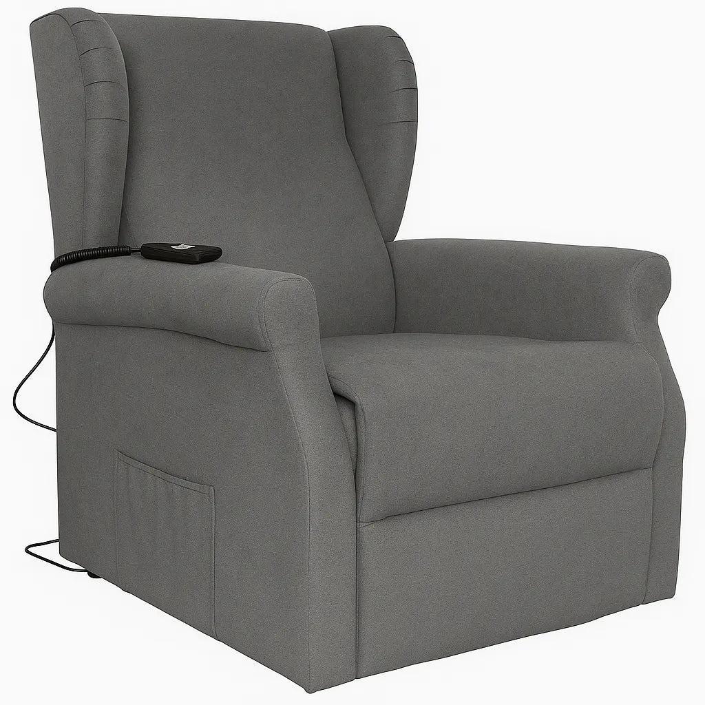 Poltrona reclinabile elettrica alzapersona in tessuto, disponibile nei colori grigio e tortora, con telecomando e meccanismo relax motorizzato.