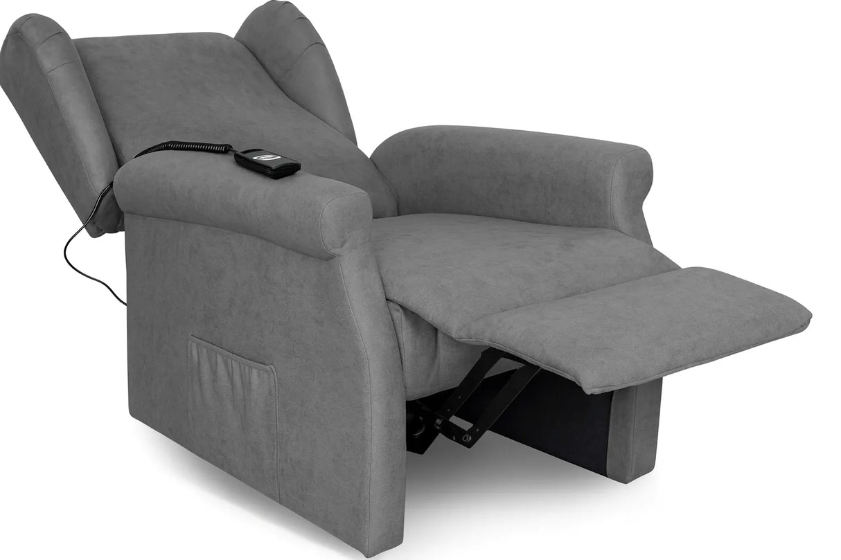 Poltrona reclinabile elettrica alzapersona in tessuto, disponibile nei colori grigio e tortora, con telecomando e meccanismo relax motorizzato.