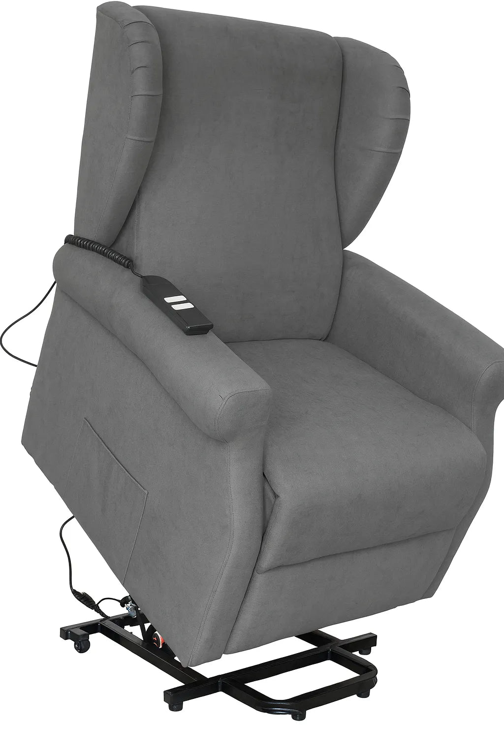 Poltrona reclinabile elettrica alzapersona in tessuto, disponibile nei colori grigio e tortora, con telecomando e meccanismo relax motorizzato.